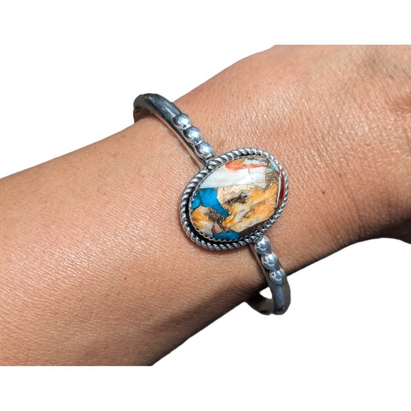 Navajo Handmade Cuff Bracelet Mohave Slab Turquoise Signed w Silver Band 6.5‎ ** - Picture 10 of 10